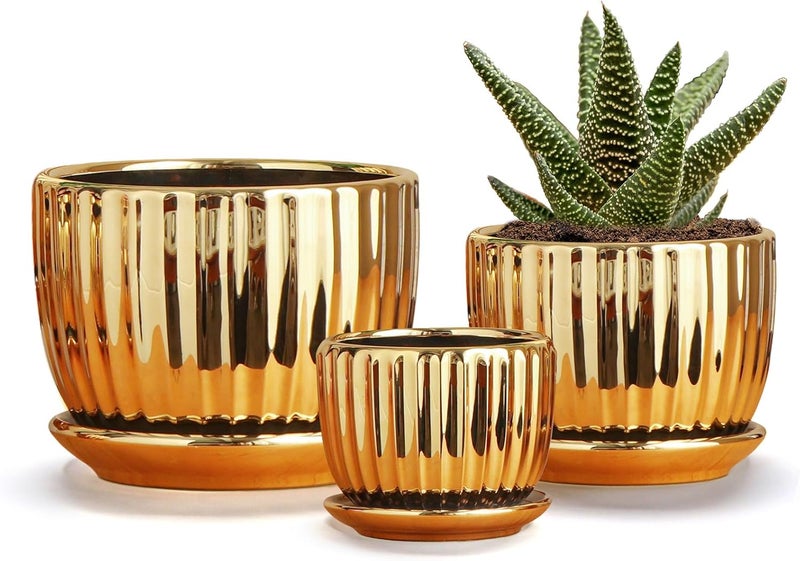 Ton Sin Gold Plant Pots,4.1+5.1+6.5 Inch Ceramic Succulent Planters Set of 3 Mini Indoor Flower Pot with Drainage,Handmade Decorative Ceramic Orchid and Herb Pots(Gold) - Image 1